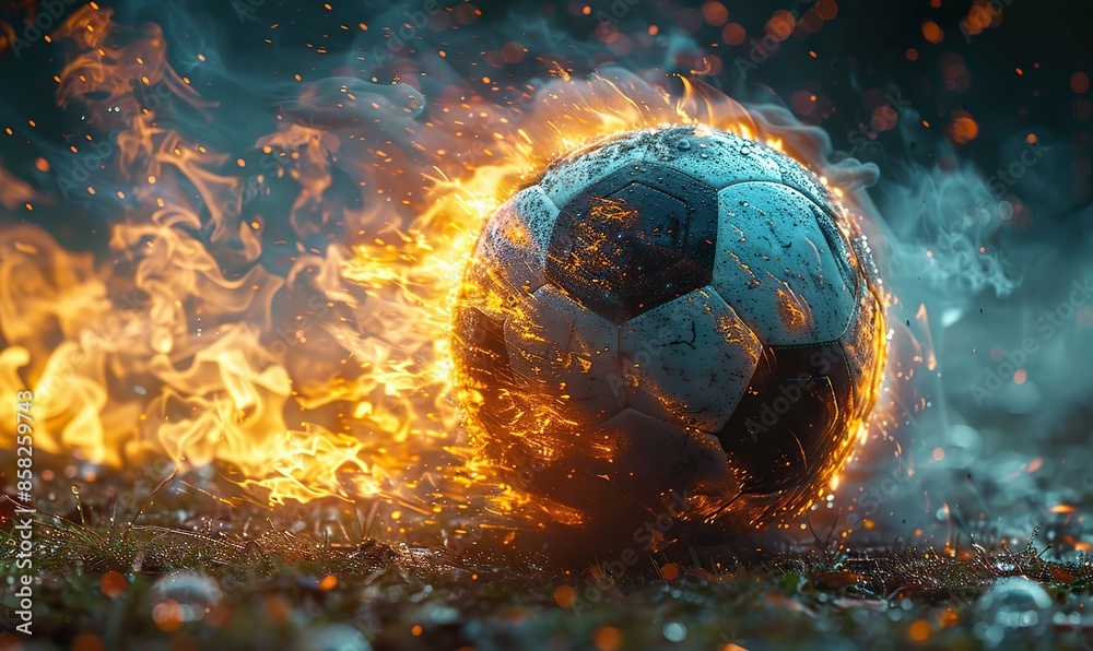 Fototapeta premium Futuristic, glossy, black-and-white soccer ball with glowing neon details and explosive design isolated on a white background. illustration images