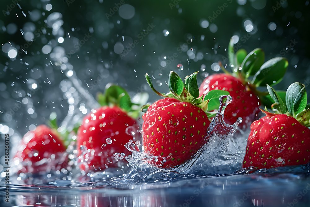 Fresh strawberries falling into water with splash and drops of water on background Fresh strawberries falling into water with splash and drops of water on background