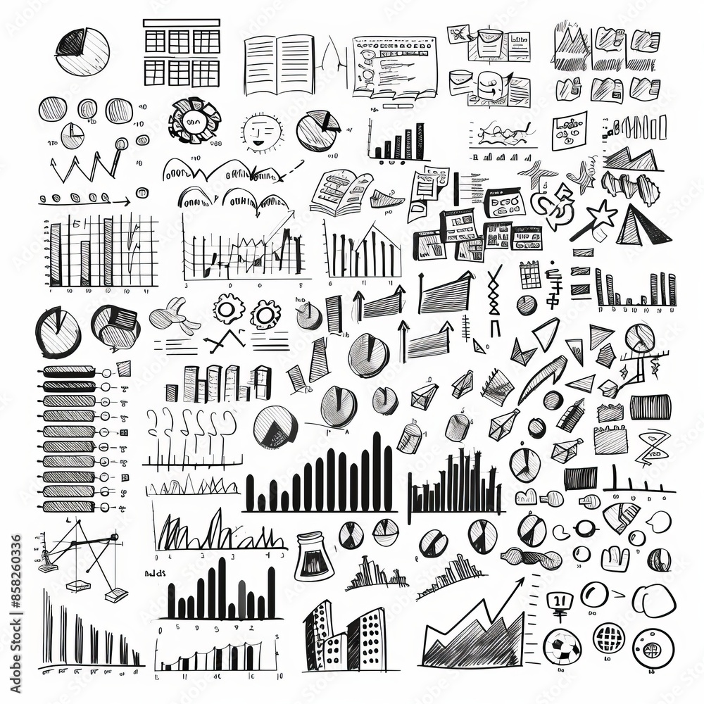 On a sheet of exercise book, a freehand drawing depicts items in a chart. Modern illustration. On a sheet of exercise book, a freehand drawing depicts items in a chart. Modern illustration.