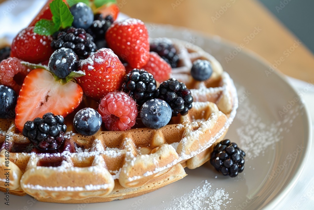 A delicious and healthy breakfast of whole grain waffles topped with fresh berries A delicious and healthy breakfast of whole grain waffles topped with fresh berries