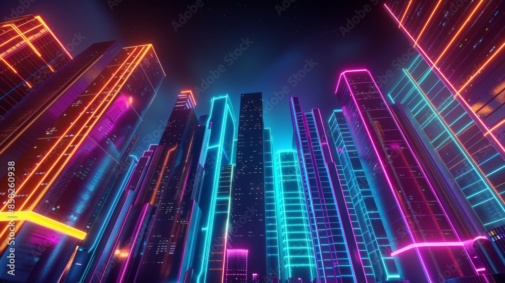 Futuristic neon cityscape in virtual world with vibrant colors, 3d rendering, and studio lighting