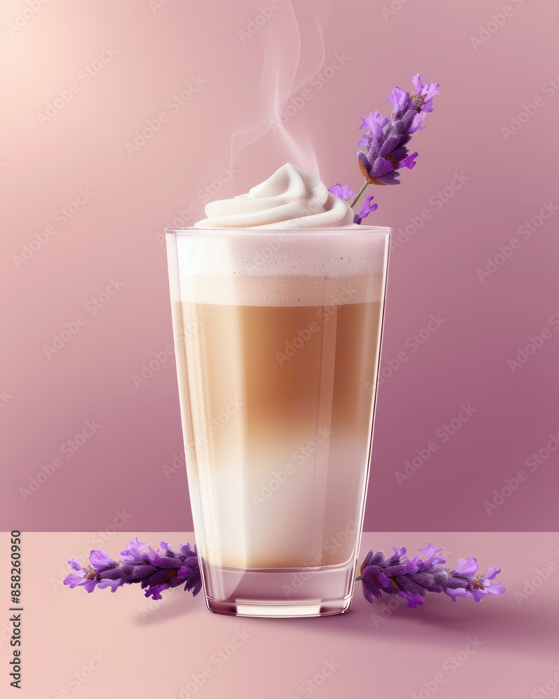 Delicious Lavender Latte in a Transparent Glass with Whipped Cream and Fresh Lavender Flowers on a Pastel Pink Background Aromatic Coffee Beverage with Floral Touch and Soothing Ambiance