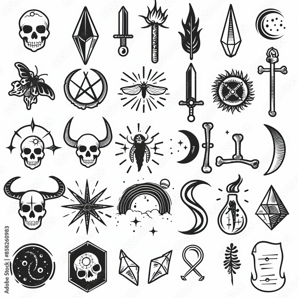 Fototapeta premium Modern element design of hand drawn tattoo illustration. Gothic or mystic theme illustrations on white background. Modern element set.