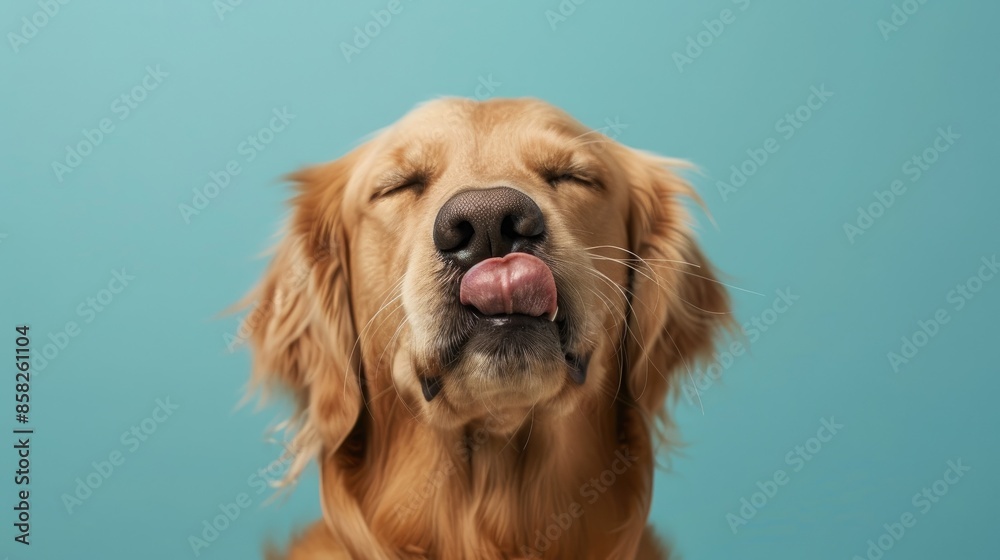 Golden retriever with closed eyes licking nose on light blue background Golden retriever with closed eyes licking nose on light blue background