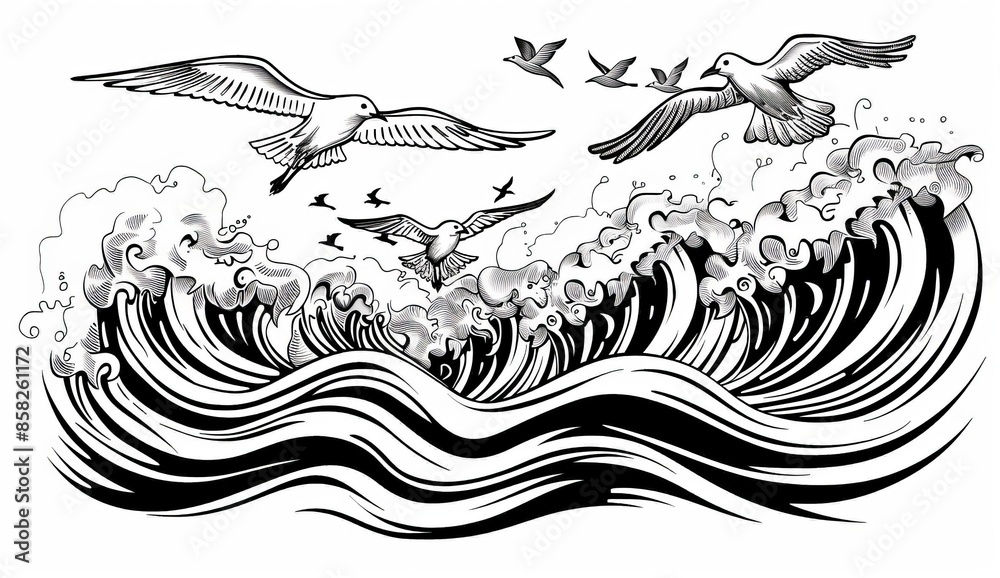 The seascape with waves and seagulls is a marine concept sketch with birds and sea. A vintage engraving style modern illustration is used in this illustration. The seascape with waves and seagulls is a marine concept sketch with birds and sea. A vintage engraving style modern illustration is used in this illustration.