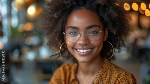 A young woman with stylish glasses and afro hair, smiling brightly while standing indoors, exuding confidence and friendliness in a casual and lively setting. © svastix