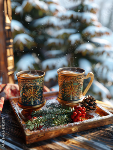 Cozy Winter Scene Two Hot Drinks in Elegant Mugs with Winter Decor, Outdoors in Snowy Scenery Capturing the Warmth of Holiday Spirits photo