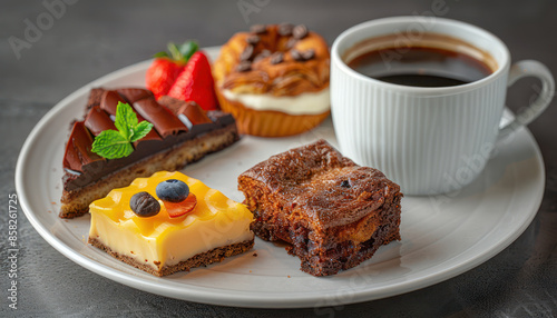 Delicious Dessert Platter with Chocolate Cake, Cheesecake, Pastry, Brownie, and Fresh Strawberries, Served with a Cup of Black Coffee on a White Plate for a Delightful Coffee Break Treat