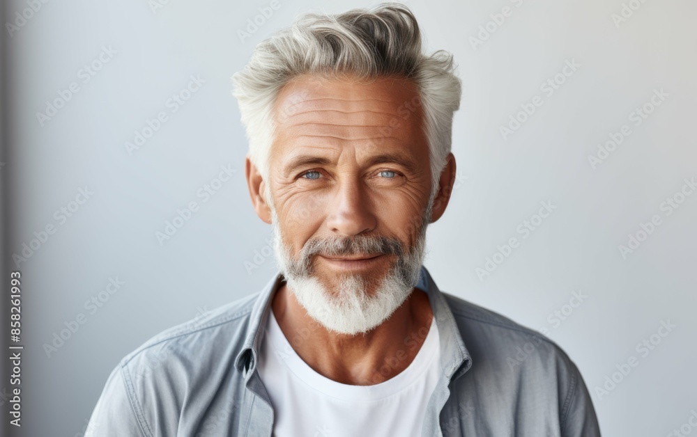 A man with a beard and gray hair is smiling at the camera. He is wearing a blue shirt and white shirt A man with a beard and gray hair is smiling at the camera. He is wearing a blue shirt and white shirt
