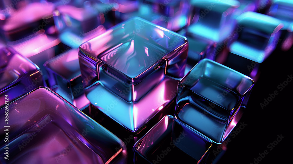 Abstract 3D Glass Shapes with Holographic Background Geometric Art Design Abstract 3D Glass Shapes with Holographic Background Geometric Art Design