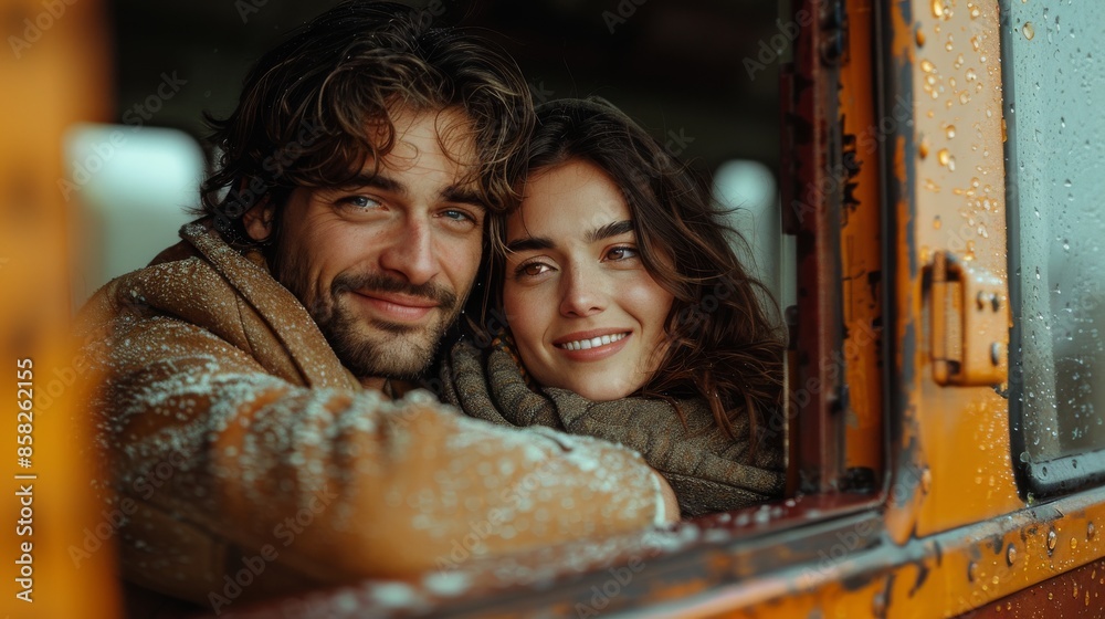 A smiling couple dressed in cozy winter clothes, sitting together in a snowy scenery, highlighting love, warmth, and affection in a cold yet beautiful environment. A smiling couple dressed in cozy winter clothes, sitting together in a snowy scenery, highlighting love, warmth, and affection in a cold yet beautiful environment.