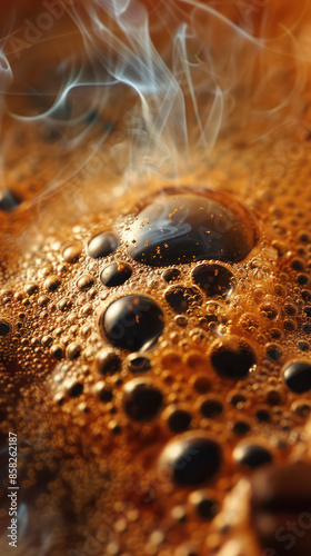 Close Up Shot of Coffee Bubbles and Steam Creating a Mouthwatering and Inviting Atmosphere for Coffee Lovers and Morning Rituals photo