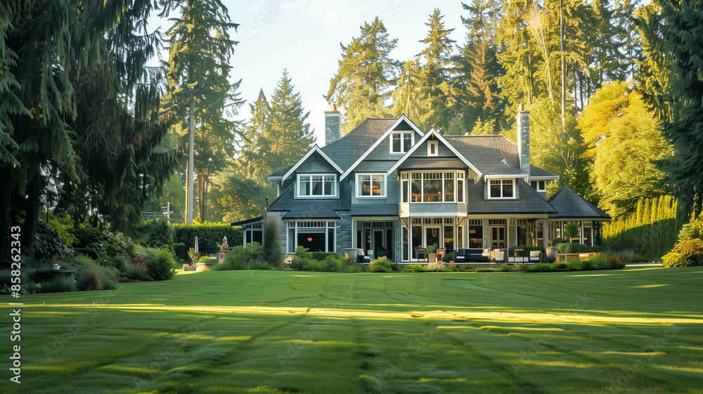 elegant house with a green lawn and tall trees in the background,