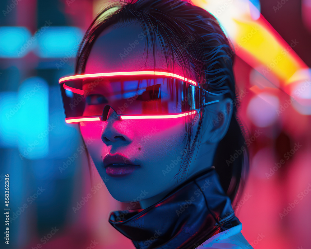 Futuristic Neon Portrait Woman with High Tech Augmented Reality Glasses in Vibrant Urban Setting, Sci Fi Cyberpunk Fashion Photography