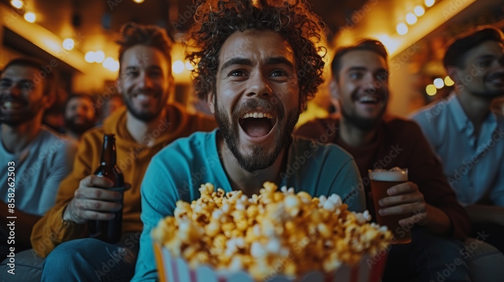 Friends are enjoying a movie night with popcorn and drinks in a cozy setting, reflecting happiness, togetherness, and the joy of shared entertainment experiences. Friends are enjoying a movie night with popcorn and drinks in a cozy setting, reflecting happiness, togetherness, and the joy of shared entertainment experiences.