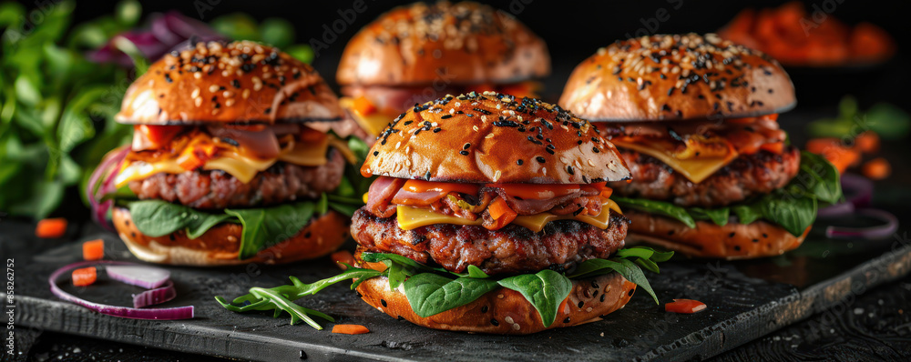 Delicious Gourmet Burgers with Fresh Vegetables and Cheddar Cheese on a Rustic Slate Board, Perfect for Food Photography and Culinary Arts Enthusiasts, Highlighting Savory Flavors and Presentation Delicious Gourmet Burgers with Fresh Vegetables and Cheddar Cheese on a Rustic Slate Board, Perfect for Food Photography and Culinary Arts Enthusiasts, Highlighting Savory Flavors and Presentation