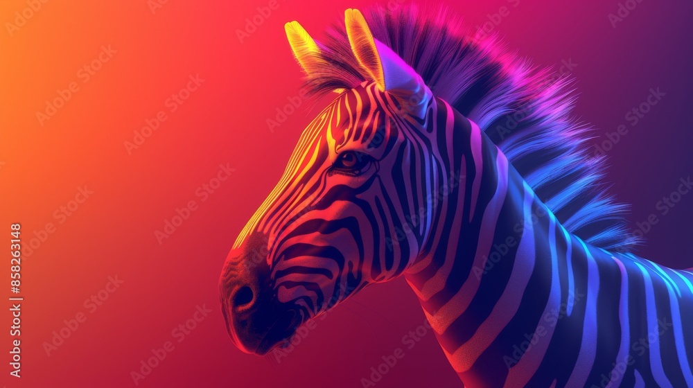 A striking zebra bathed in vibrant gradient lighting, emphasizing its natural stripes and majestic presence, set against a vivid, colorful backdrop. A striking zebra bathed in vibrant gradient lighting, emphasizing its natural stripes and majestic presence, set against a vivid, colorful backdrop.