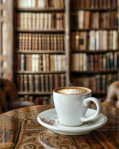 Cozy Library Coffee Break A Serene Moment with a Cappuccino in a Vintage Wood Paneled Library Filled with Books