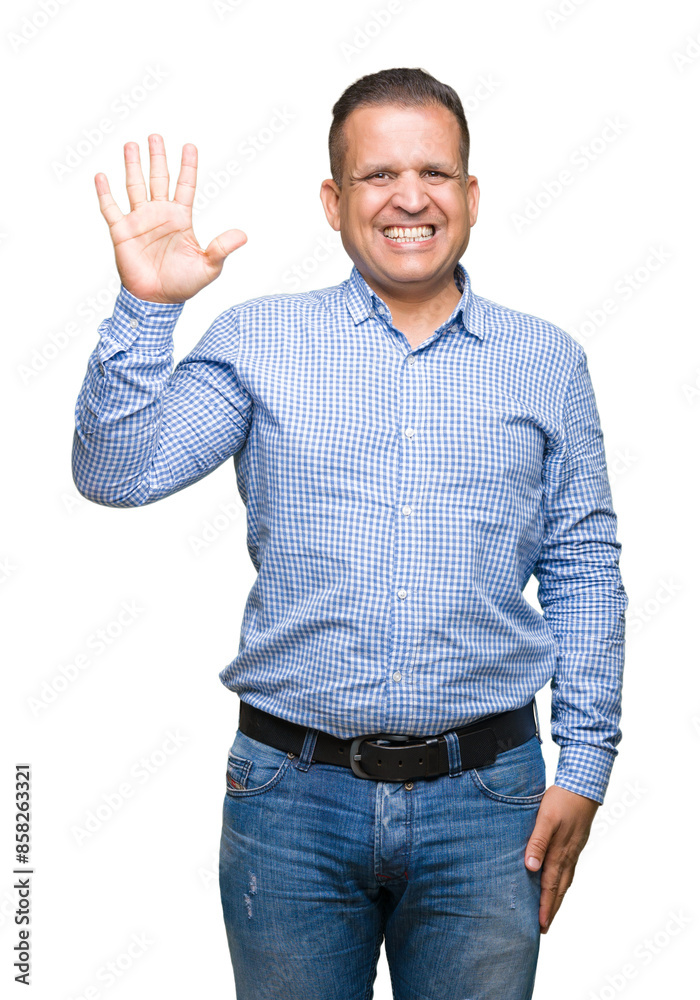 Middle age arab business man over isolated background showing and pointing up with fingers number five while smiling confident and happy. Middle age arab business man over isolated background showing and pointing up with fingers number five while smiling confident and happy.