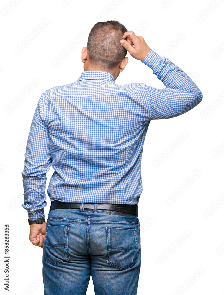 Middle age arab business man over isolated background Backwards thinking about doubt with hand on head Middle age arab business man over isolated background Backwards thinking about doubt with hand on head