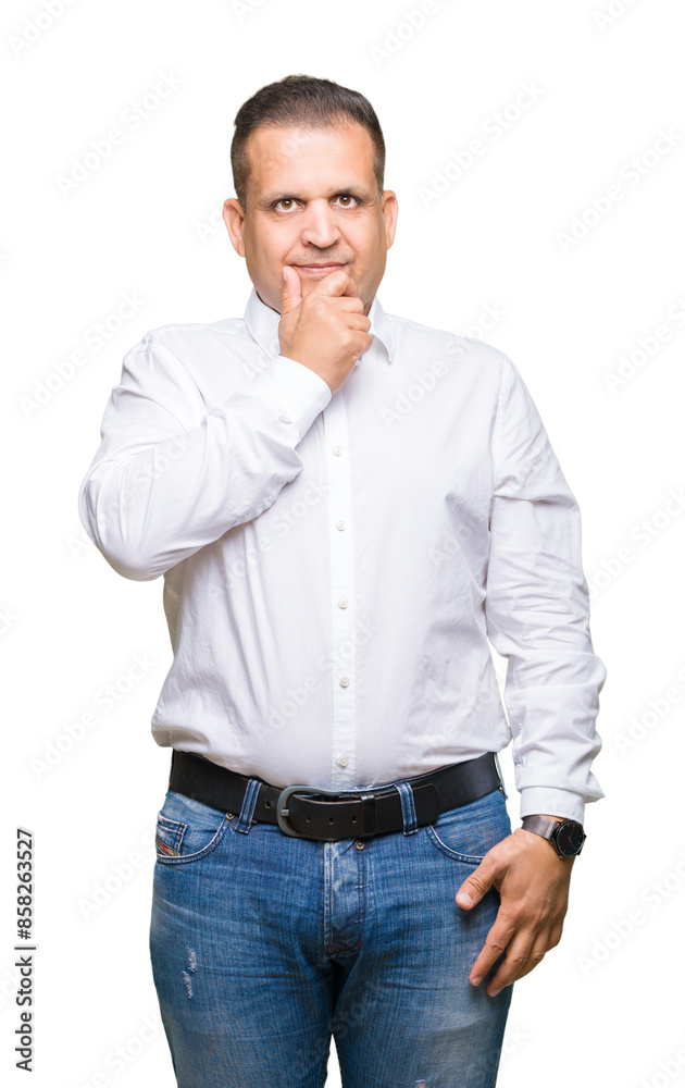 Middle age arab elegant man over isolated background looking confident at the camera with smile with crossed arms and hand raised on chin. Thinking positive. Middle age arab elegant man over isolated background looking confident at the camera with smile with crossed arms and hand raised on chin. Thinking positive.