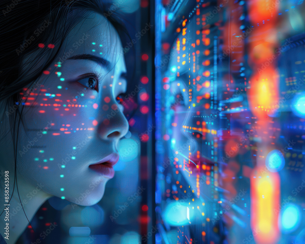 Futuristic Woman Examining Digital Data Interface, Illuminated with Vibrant Graphics and Holographic Projections in a Cybernetic Environment Futuristic Woman Examining Digital Data Interface, Illuminated with Vibrant Graphics and Holographic Projections in a Cybernetic Environment