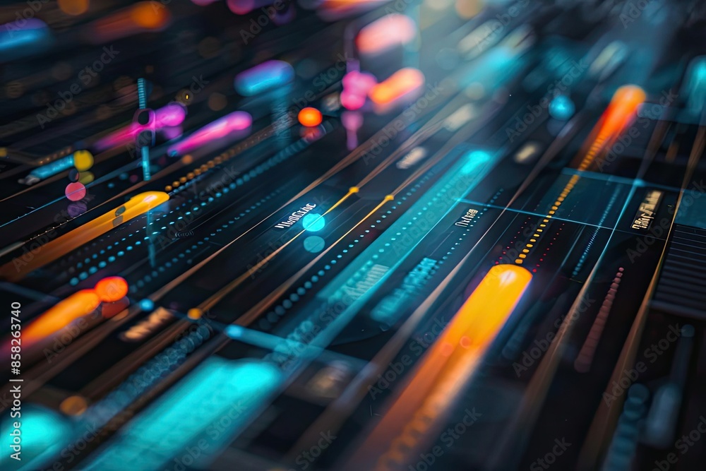 Abstract digital interface with colorful data visualization and futuristic technology elements on a dark background. Abstract digital interface with colorful data visualization and futuristic technology elements on a dark background.