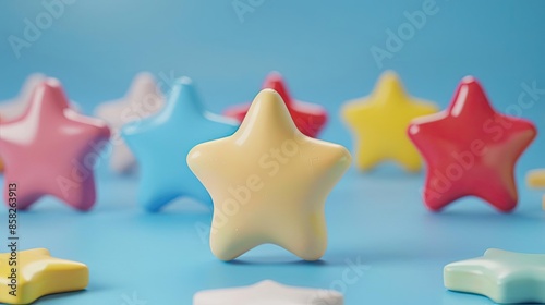 Colorful star-shaped objects on a light blue background. Perfect for creative design projects, children's themes, and decorative purposes.