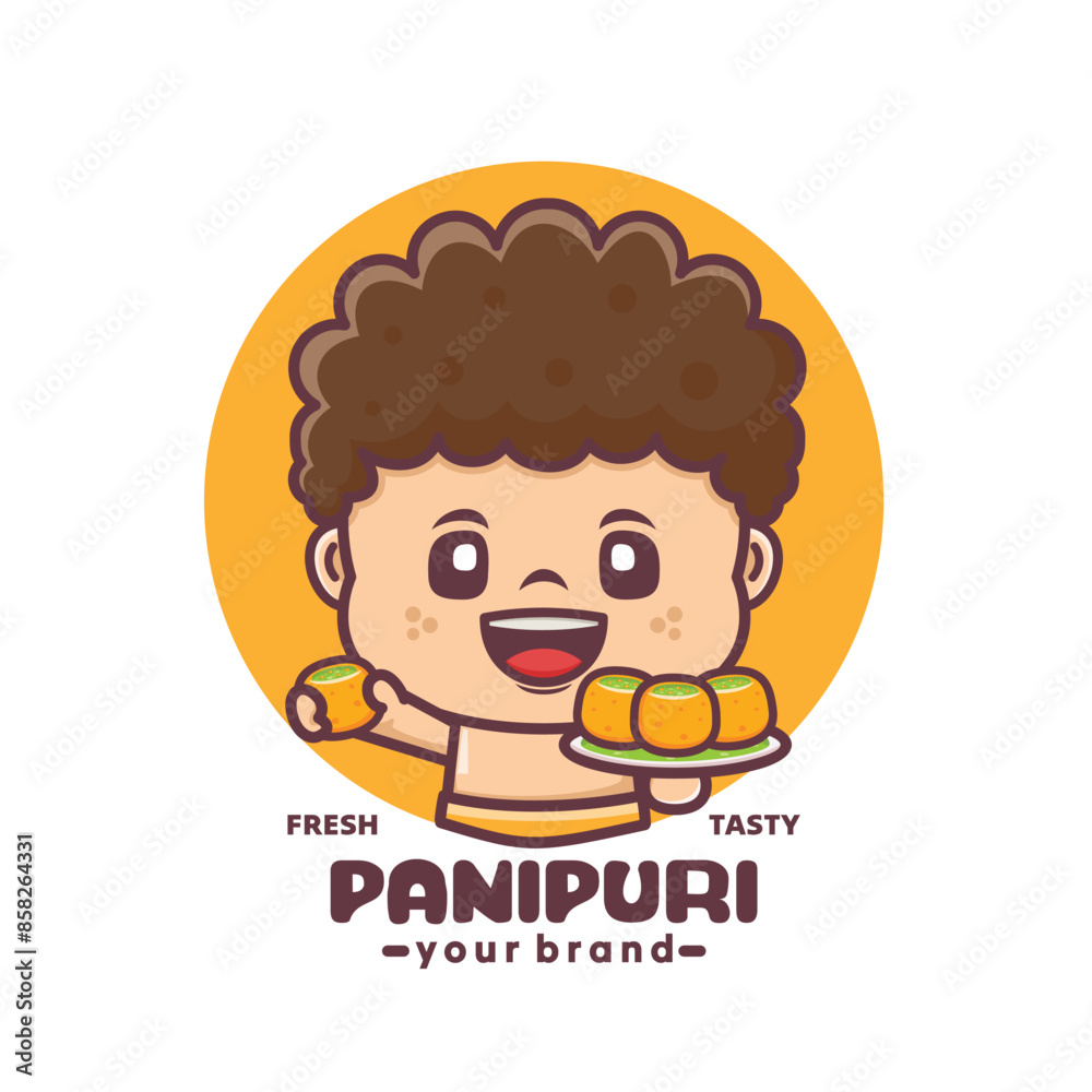 Cute cartoon mascot with indian food panipuri, vector illustration for culinary industry
