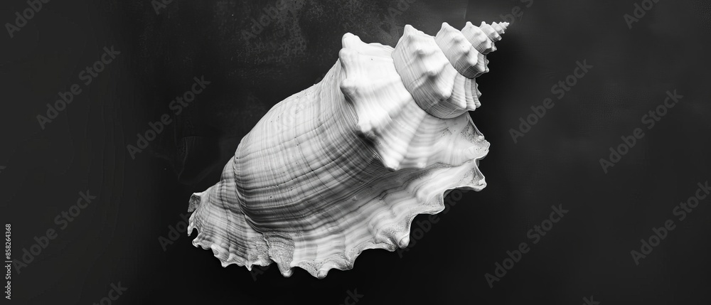 Craft a close-up of a crisp white seashell contrasted against a deep, charcoal background, emphasizing purity and elegance, Craft a close-up of a crisp white seashell contrasted against a deep, charcoal background, emphasizing purity and elegance,