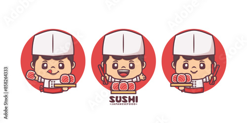 sushi chef cartoon mascot, with different poses and expressions