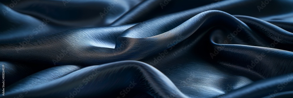 Fototapeta premium A detailed close-up image of a smooth dark blue fabric with subtle light effects, showing the fabrics texture and drape. Copy space is available on the right side