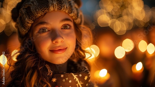 A young girl with lush hair and bright eyes, wearing a brown knit hat and scarf, surrounded by glowing candles, celebrating and embodying the spirit of a joyous holiday occasion. photo