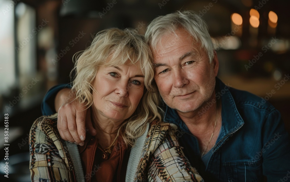 A man and a woman are posing for a picture. The man is wearing a blue jacket and the woman is wearing a brown jacket. They are both smiling and seem to be enjoying each other's company
