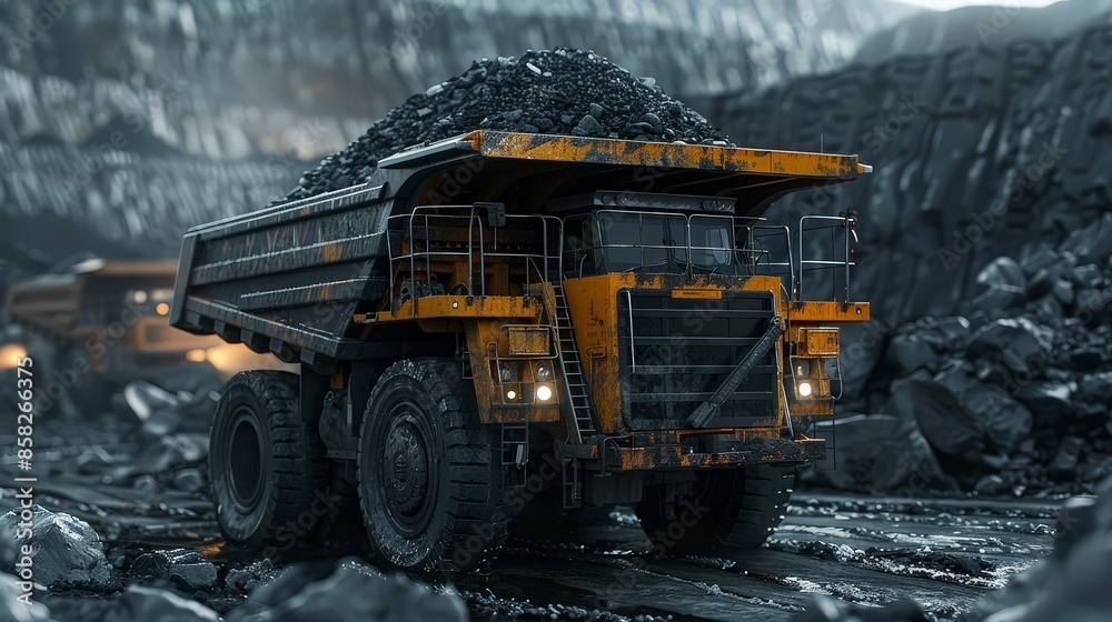 big mining truck laden with black coal, symbolizing the raw energy and industrial might of the extraction process. big mining truck laden with black coal, symbolizing the raw energy and industrial might of the extraction process.