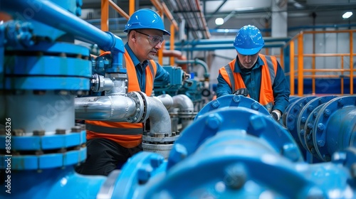  Male worker at water supply station inspects water pump valves equipment in at a large industrial estate. 