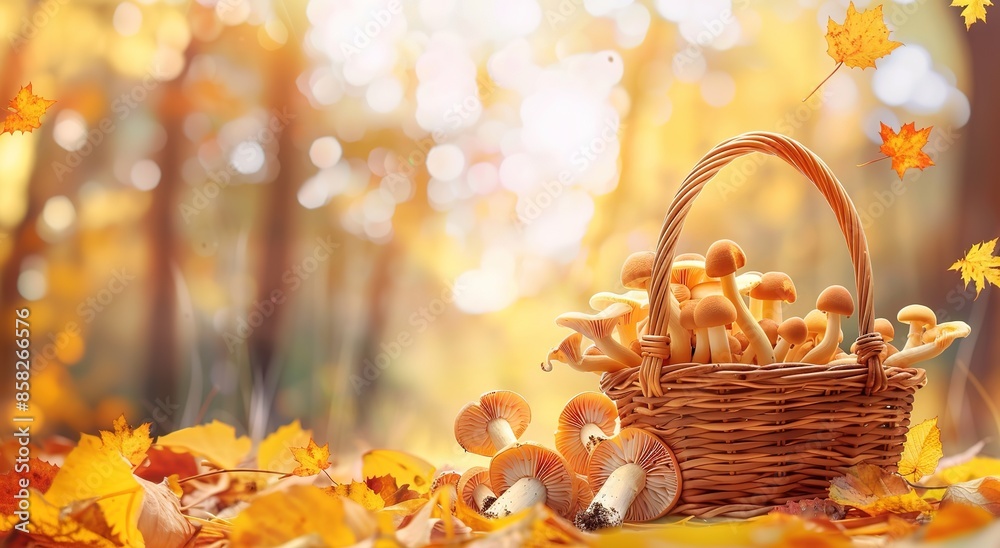 Basket of mushrooms amid vibrant fall leaves, warm sunlight Basket of mushrooms amid vibrant fall leaves, warm sunlight