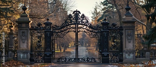 Craft a frontal view of a vintage, restricted entry gate with ornate ironwork and intricate carvings, capturing the sense of mystery and exclusivity, photo