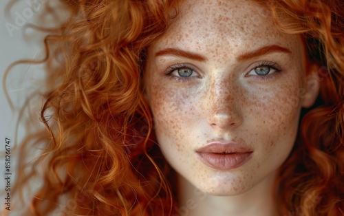 A woman with red hair and freckles is smiling at the camera. She has a natural, relaxed expression on her face