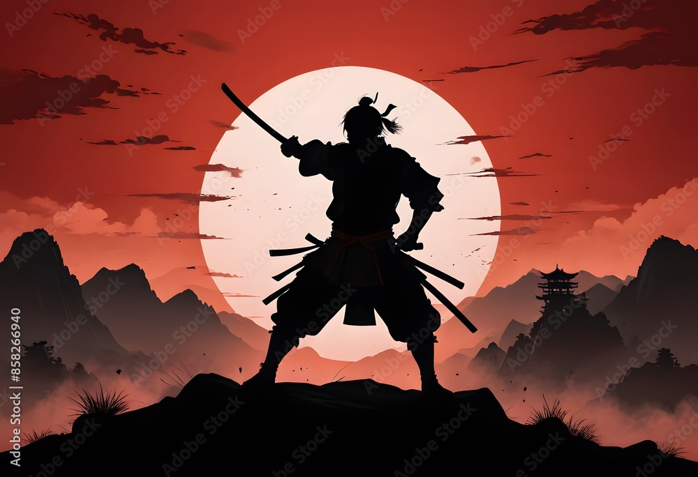 Silhouette of a Samurai Against a Red Sunset Silhouette of a Samurai Against a Red Sunset