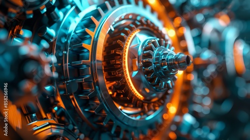 Close-up of an intricate industrial machine with gears, brightly lit with blue and orange lighting, showcasing mechanical engineering and precision technology.   © Lamina