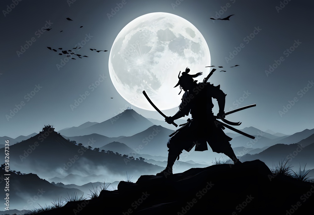 Samurai Silhouette Under the Full Moon Samurai Silhouette Under the Full Moon
