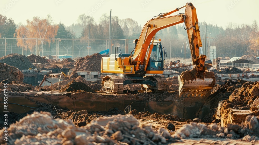 Backhoe in action, digging deep into the soil at a construction site, showcasing powerful machinery Backhoe in action, digging deep into the soil at a construction site, showcasing powerful machinery