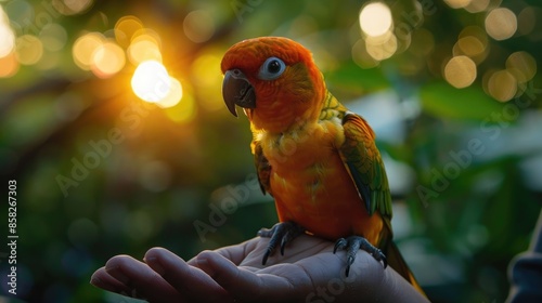 A Jenday Conure a small parrot rests on its owner s hand at dusk photo