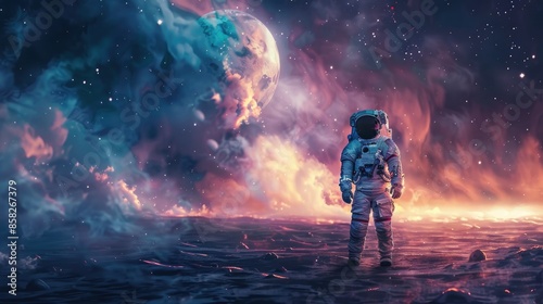 Astronaut stands alone in the cosmic abyss, entranced by the beauty of the universe, embarking on a solitary voyage to explore a planet in the solar system. photo