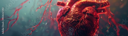 An intricate of a human heart, with detailed textures and semitransparent layers revealing internal structures photo