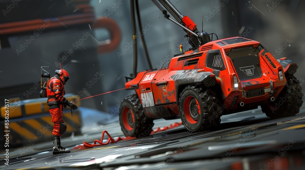 Obraz premium close-up of a worker in protective gear operating heavy machinery in an industrial setting.