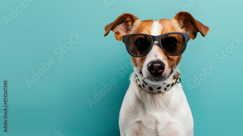 Boxer dog wearing sunglasses while standing on an isolated light blue background. © Jan