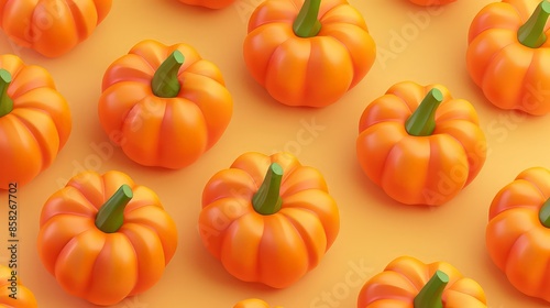  random grouping of small toy pumpkins on a yellow background.