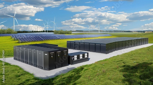 Amount of energy storage systems or battery container units with solar and turbine farm.  photo